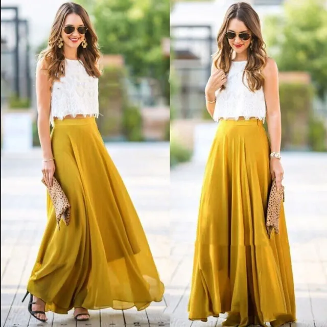 20 New Versatile Chiffon Waist slimming Long Dress High Waist Pleated Skirt Yellow - Shop at LoveMi