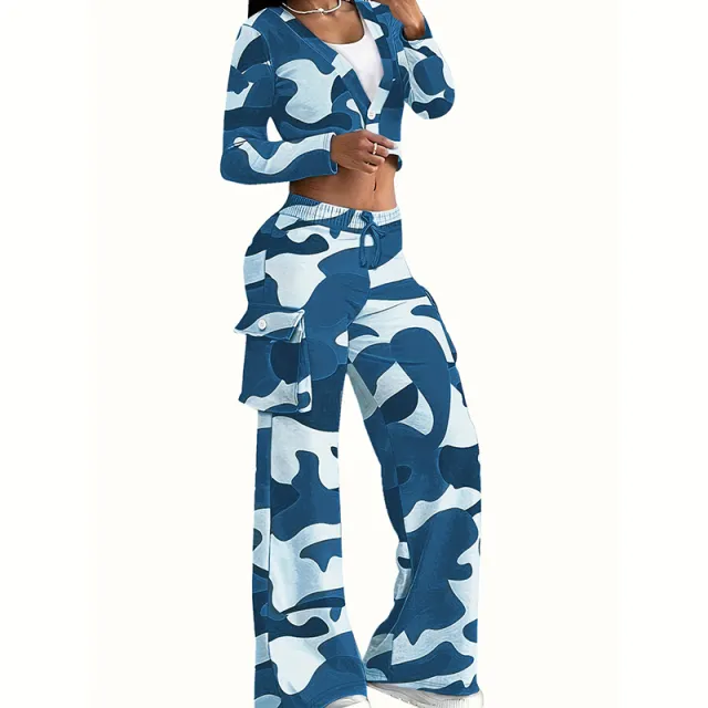 Women's Camouflage Print 2 Piece Set, V Neck Single Button Crop Top & Drawstring Cargo Pants For Spring Fall Blue - Shop at LoveMi