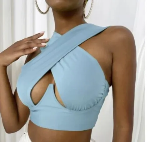 Hollow Halter Neck Halter Umbilical Plastic Waist Breast Enhancement Small Sling Blue - Shop at LoveMi