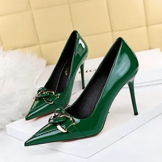 Women's Fashion Patent Leather Shallow Mouth Pointed Toe High Heels - Green