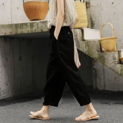 Cropped Pants Loose Anti-cotton Linen Elastic-waist Wide-leg Pants Retro Art And Versatile Casual Pants - Black - View 1