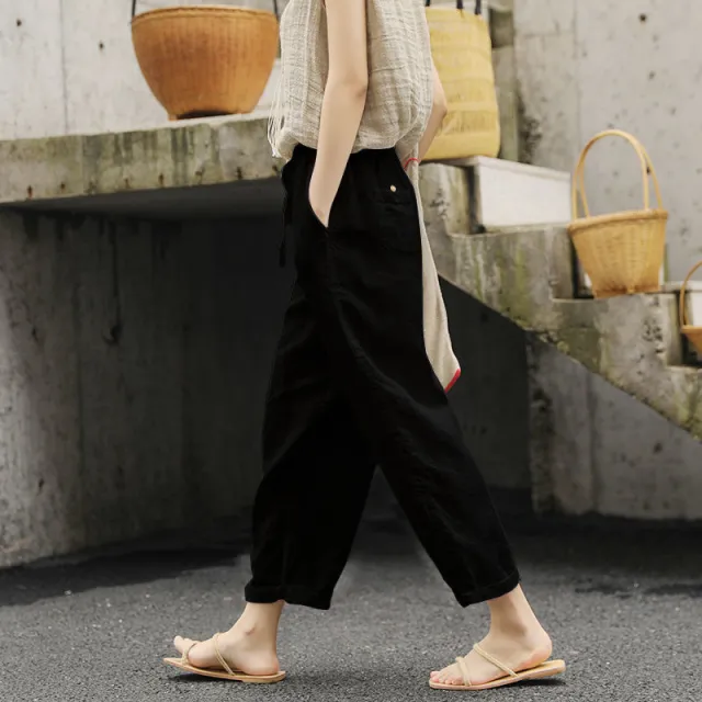 Cropped Pants Loose Anti cotton Linen Elastic waist Wide leg Pants Retro Art And Versatile Casual Pants Black - Shop at LoveMi