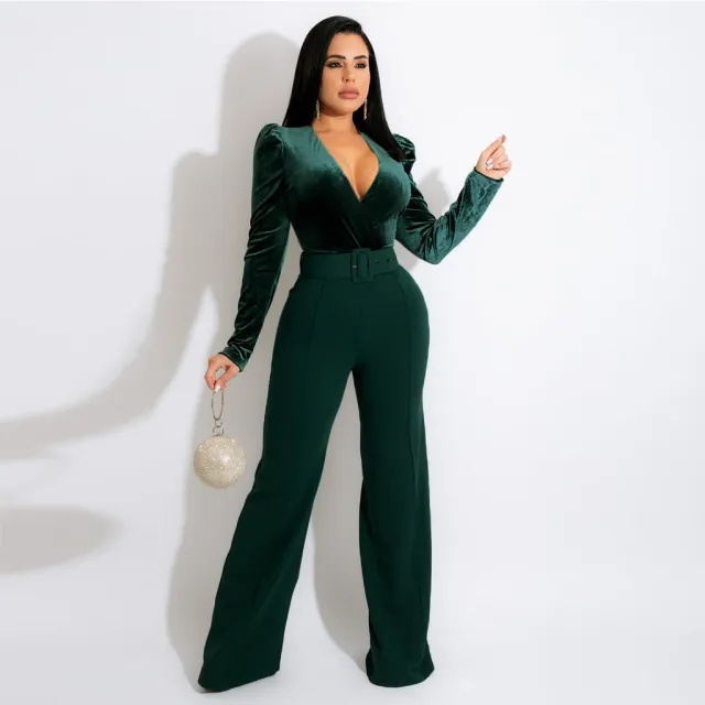 V neck Solid Color Lace up Fashion Women's Jumpsuit Green - Shop at LoveMi