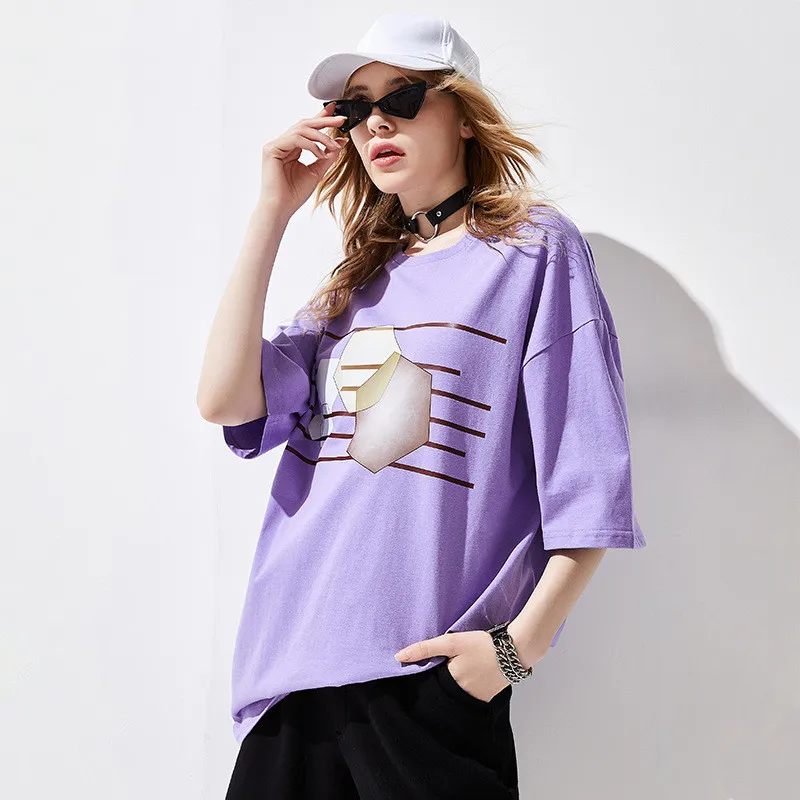 Women's Mid-length Loose Short Sleeve T-shirt - Purple