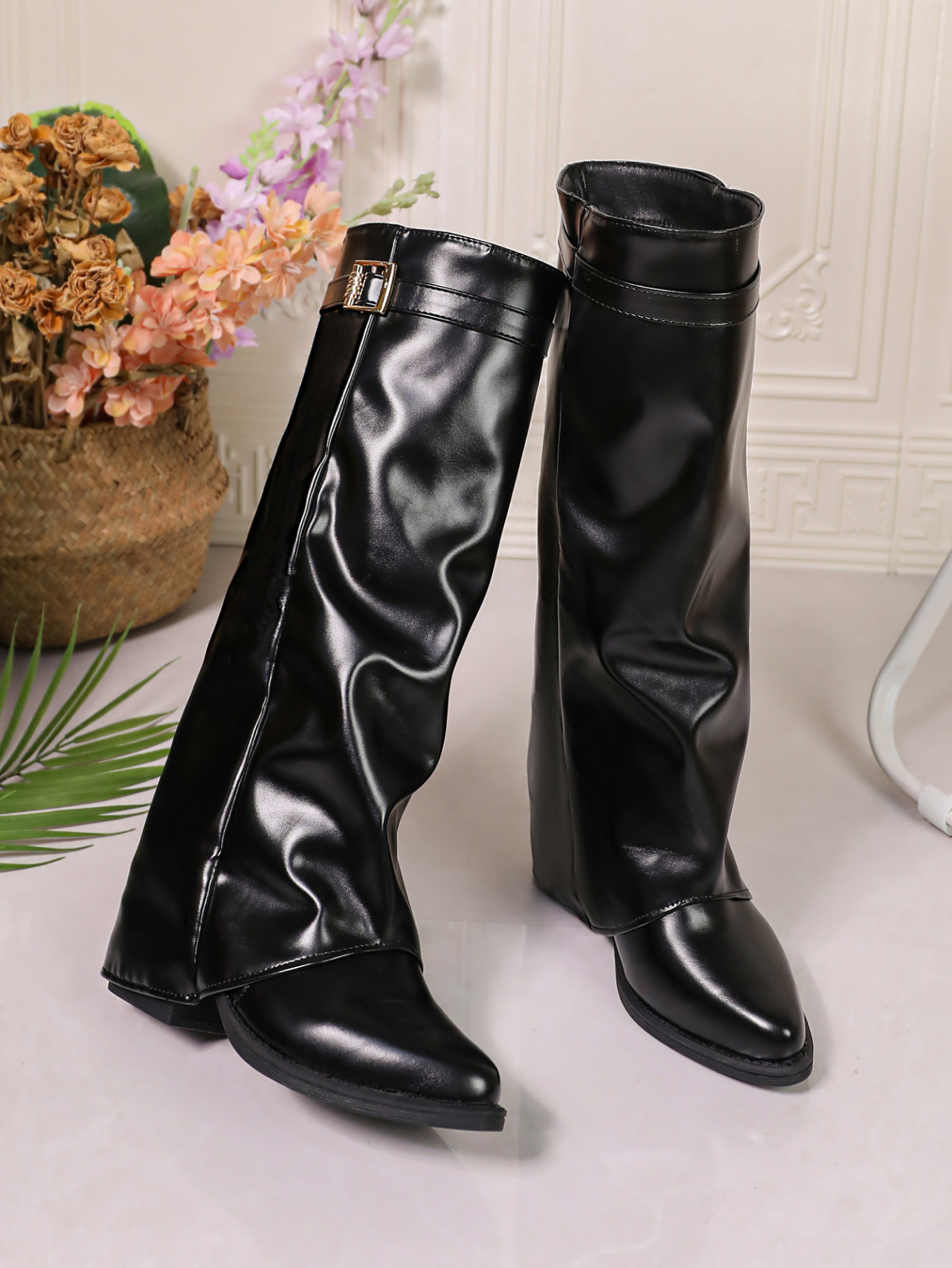 Women's Plus Size Pointed Toe European Style Tall Slouch Boots, Autumn Winter Pleated Block Heel Pull-On High Heel Fashion Boots