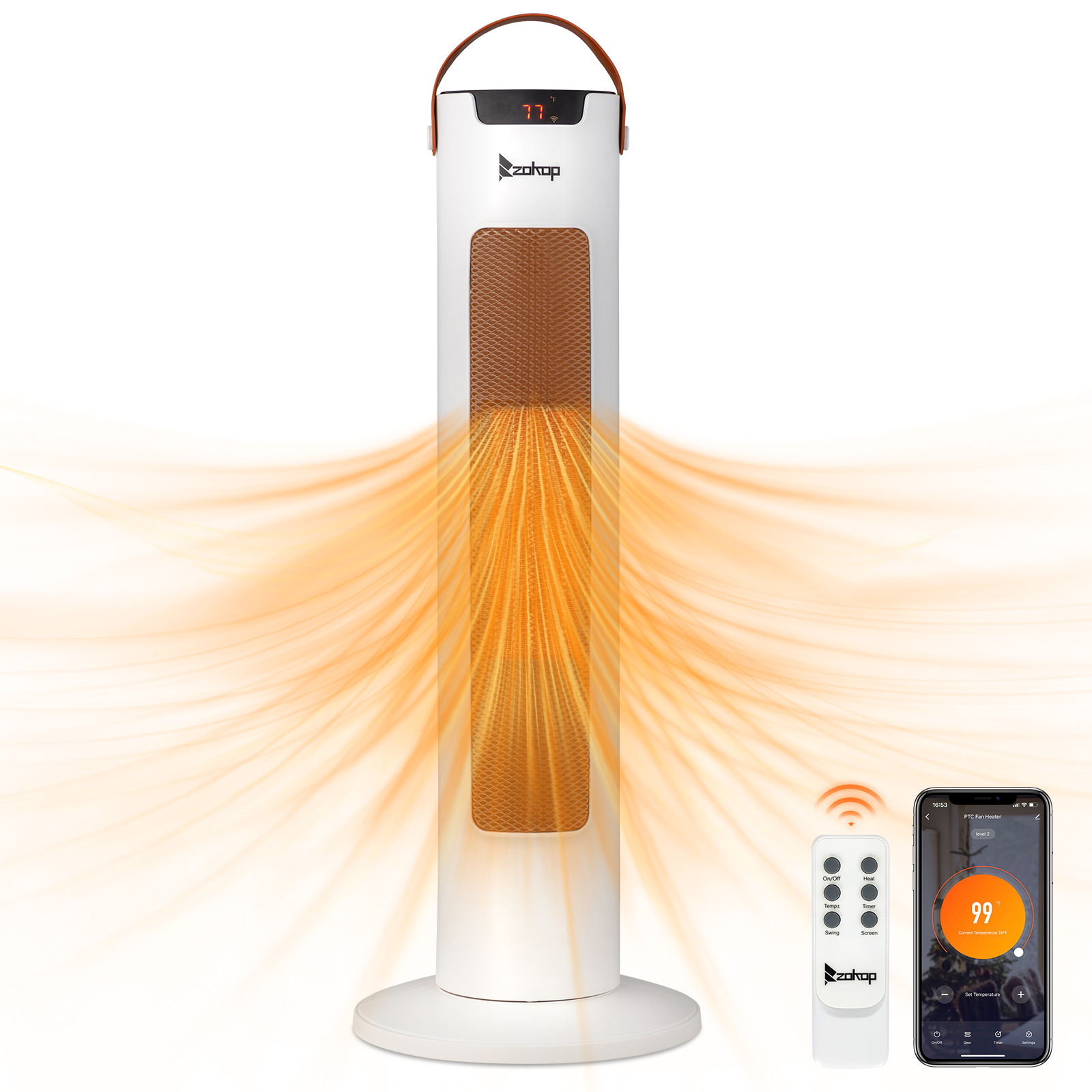 24Inch Tower Space Heater, 1500W Smart Electric Heater With Thermostat, WiFi APP & Remote Control, 60 Degrees Oscillation, 9H Timer, For Indoor Bedroom Office Home, White