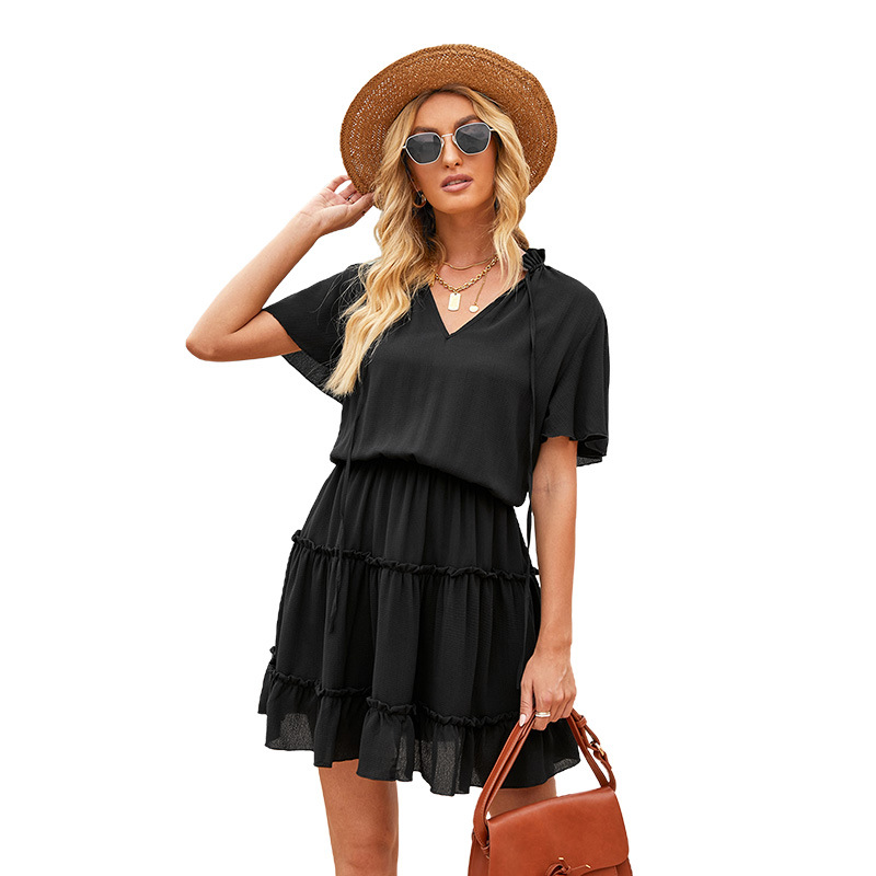 V neck Tie Decorated High waisted Ruffle Cake Skirt Black - Shop at LoveMi