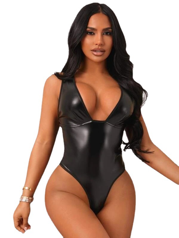 New Sexy Suspenders Women’s Slim Patent Leather Jumpsuit