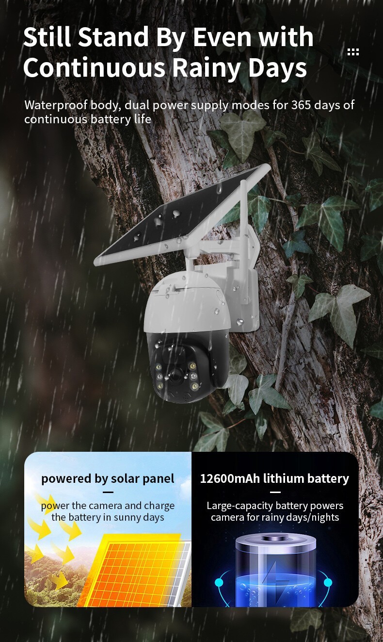 Solar Battery Powered Wireless WiFi Outdoor PanTilt Home Security Camera System
