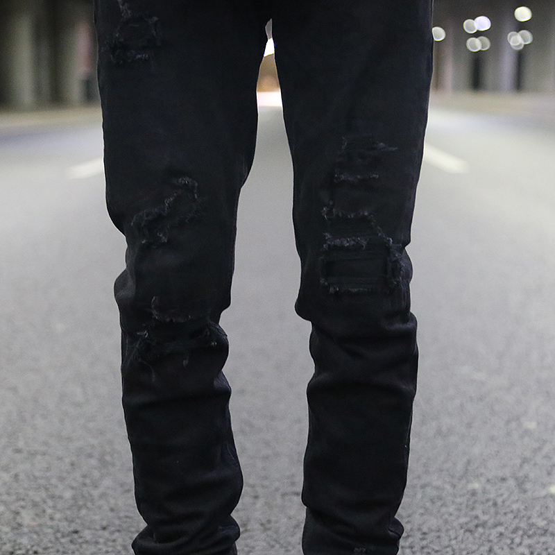 Black All-match Slim-fit Jeans With Ripped Patches