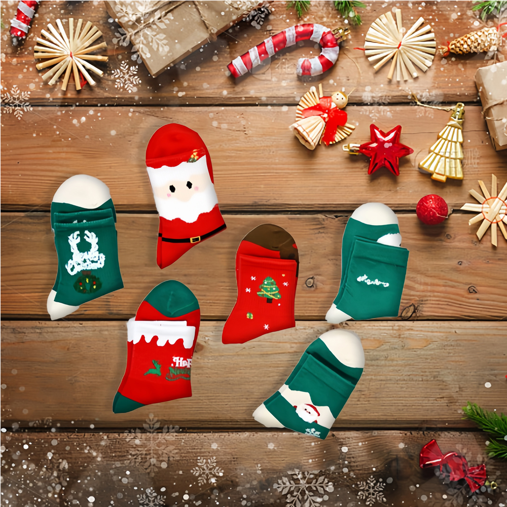 6 Pairs Christmas Crew Socks, Cute Xmas Pattern Cotton Socks, Soft Breathable Holiday Socks Gift Set For Boys Girls image 3