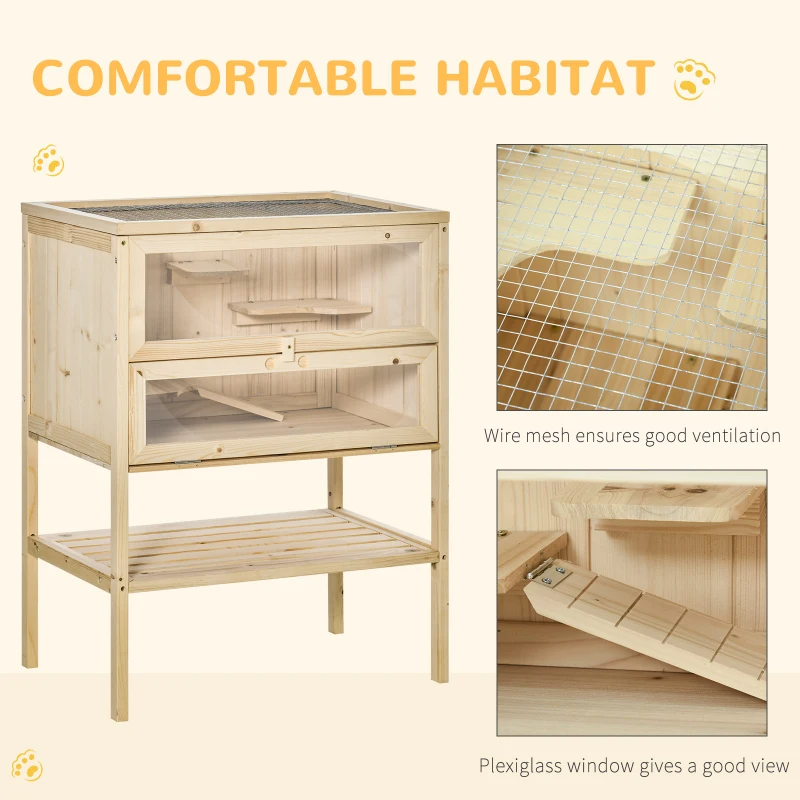3-Tier Wooden Hamster Cage Mice And Rat Cage Small Animals Hutch With Openable Top, Front Door, Shelf, Natural Wood