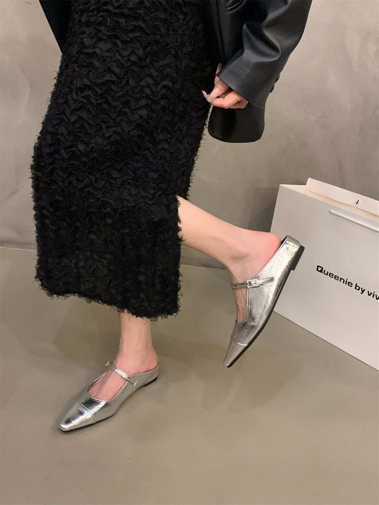 French Retro Slip-On Flats For Women 2026 Spring New Arrival, Pointed Toe Fashion Shoes, Closed Toe Backless Low Heel Sandals