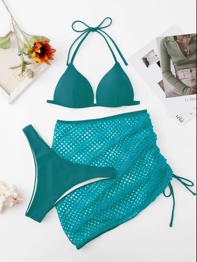 European And American Solid Color Three-piece Mesh Women's Swimsuit - Image 6
