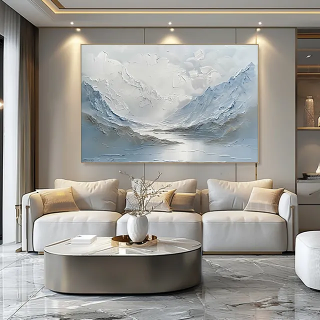 Light Blue And White Mountain And Lake Scenery Knife Thick Canvas Wall Art Handpainted New Abstract Oil Painting For Home Decor Without Inner Frame - Shop at LoveMi