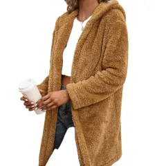 Lambswool Midi Cardigan Hooded Trench Coat - Khaki - View 1