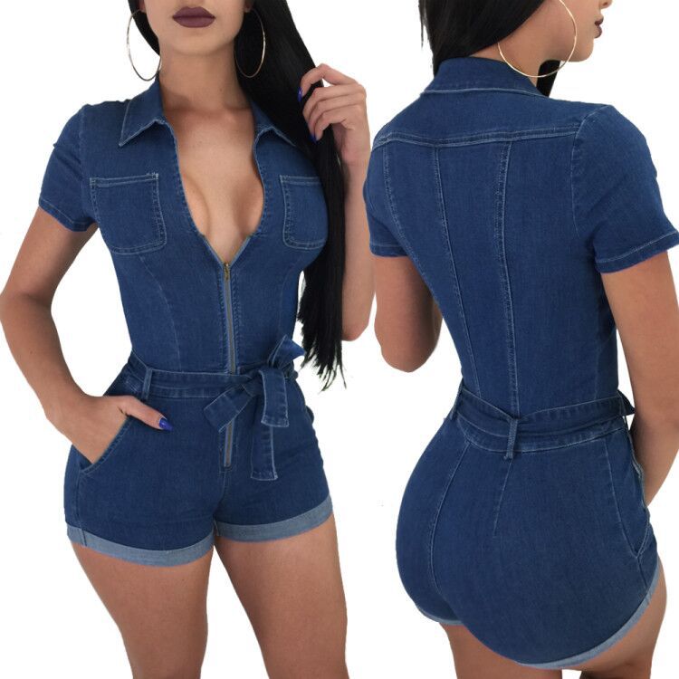 Sexy Stretch Denim Jumpsuit With Chain