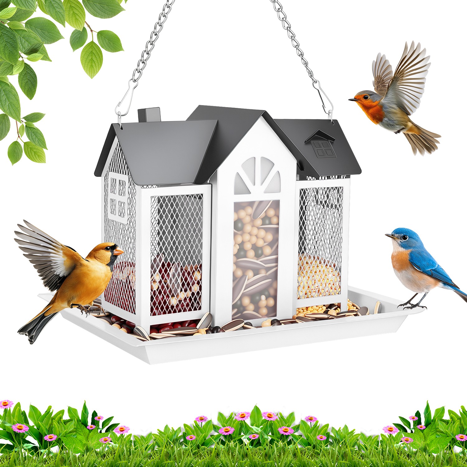 1Pc  Metal Hanging Bird Feeder House Classic Barn Bird Feeder House Iron Hanging Outdoor Feeder With Visible Window And Lift Top Lid 15.75in Hanging Length Wild Birds Garden Yard — foto 13