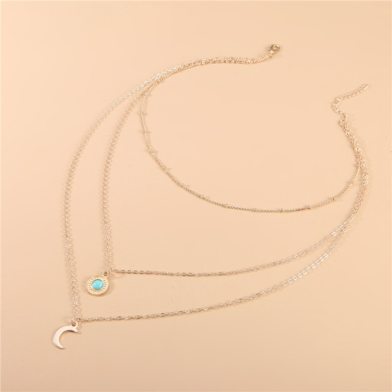 Turquoise Multilayer Necklace Metal Moon Pendant Necklace