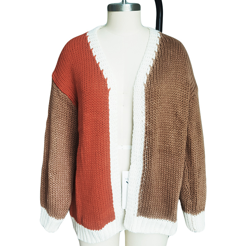 Women's Casual Knitted Cardigan Color Matching Long-sleeved Sweater
