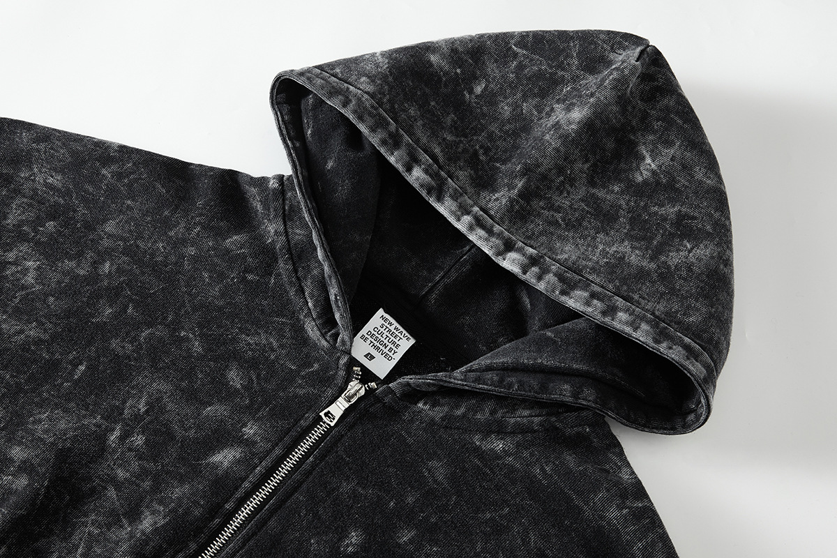 Retro Heavy Washed Distressed Black Men's Loose Hooded Cardigan Sweater Jacket