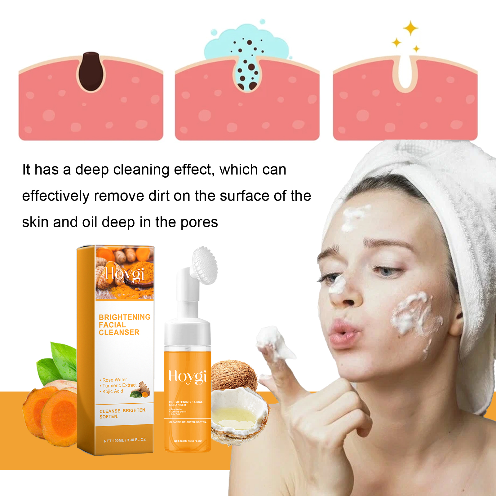 Turmeric Brightening Facial Cleanser Foam With Built-in Brush, Deep Pore Cleansing, Moisturizing Soft Skin For All Skin Types thumbnail 4