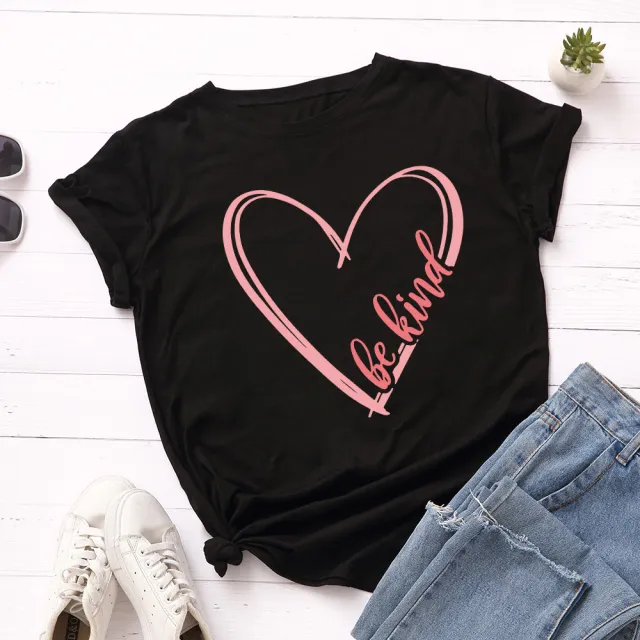 European And American Women's Loose Round Neck Heart shaped Love Short sleeved T shirt Black - Shop at LoveMi