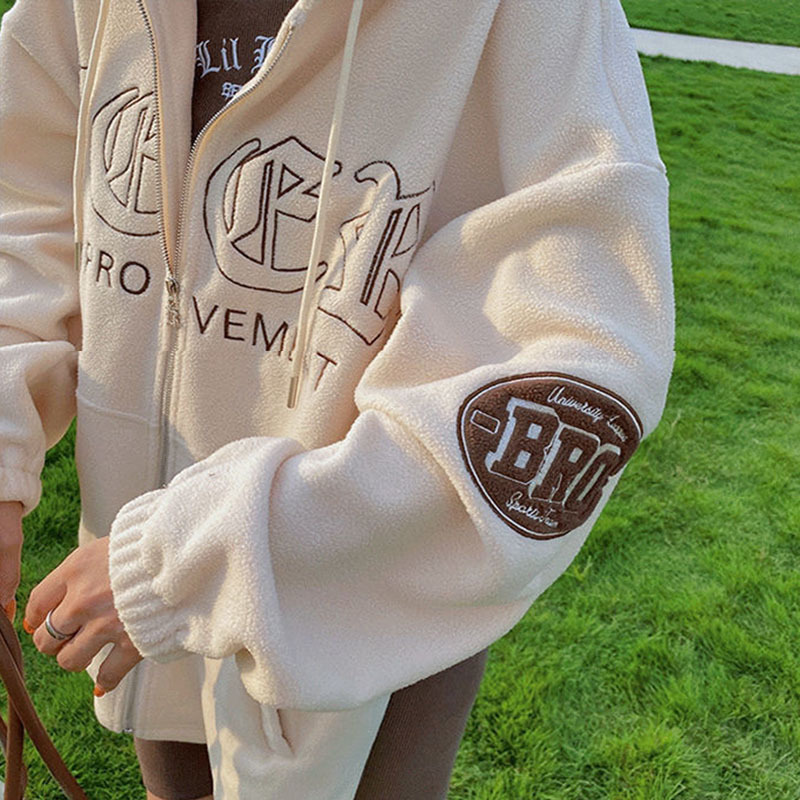 American Retro Fleece Hooded Cardigan Autumn