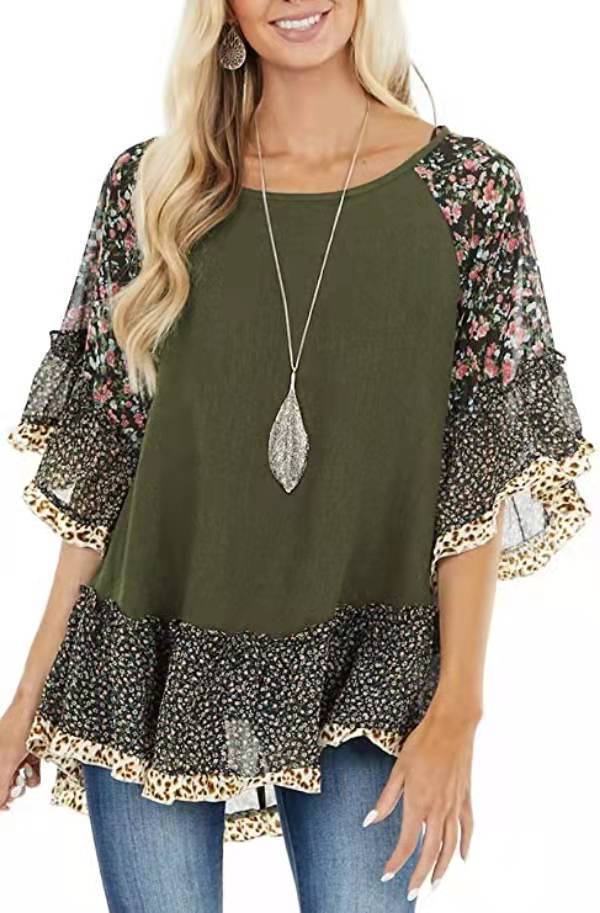 Women's Doll Sleeve Colorblock Leopard Floral Print T Shirt Army Green - Shop at LoveMi