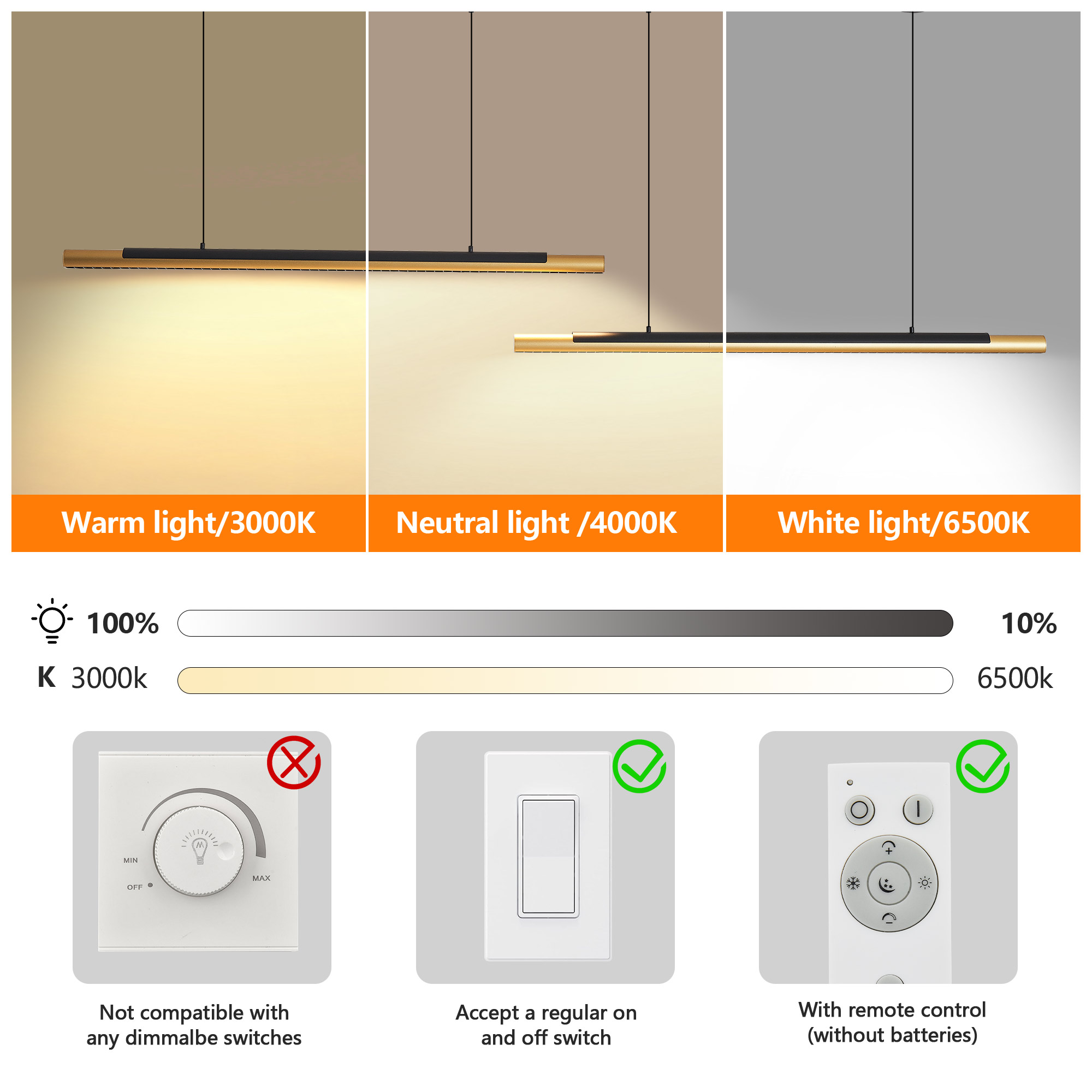 75-inch Modern Black And Gold LED Pendant Light, Adjustable Hanging Light For Dining Room, Kitchen, Living Room Sleek Dual Tube Design