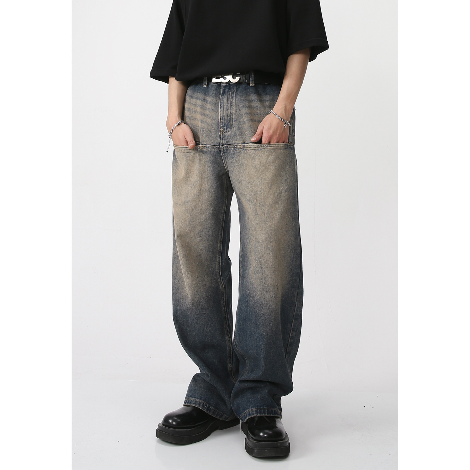 Washed-out Vintage Jeans High Waist Front Pocket Loose Straight