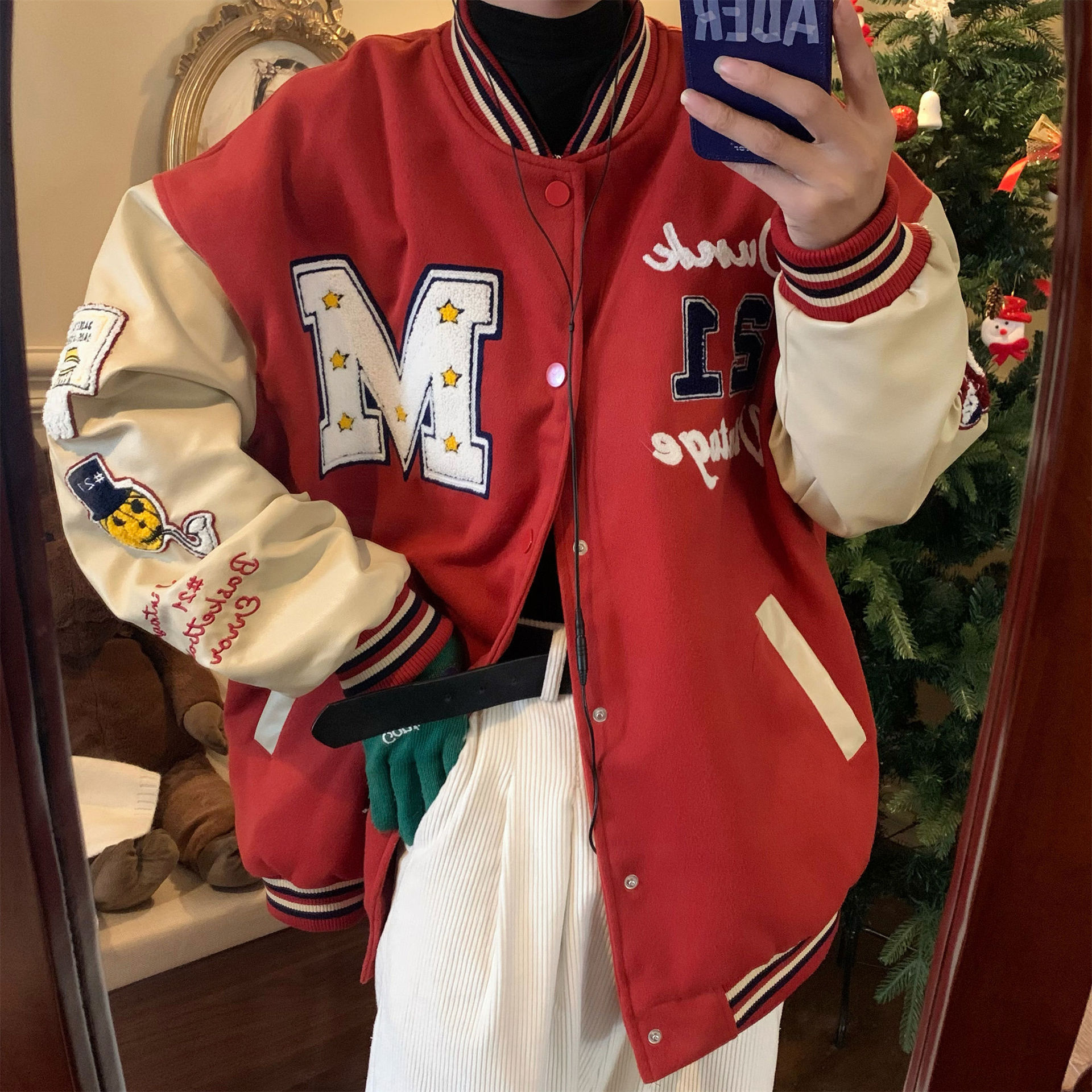 Loose Woolen Jacket Leather Sleeve Embroidered Baseball Uniform Trend — image 1