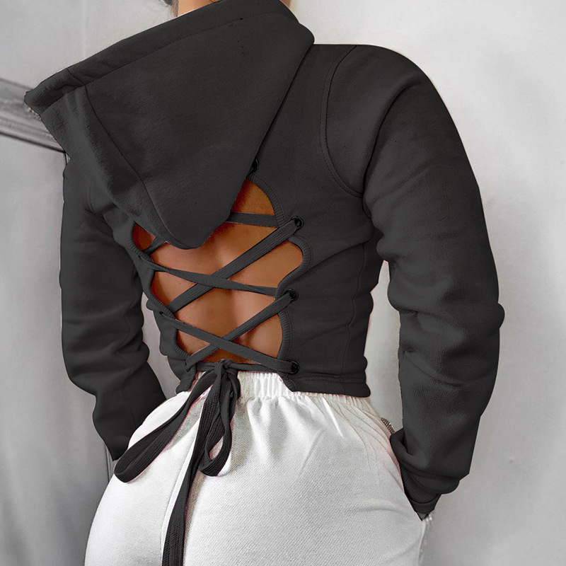 Title 4, Short cut-out lace-up hooded sweater solid colo...