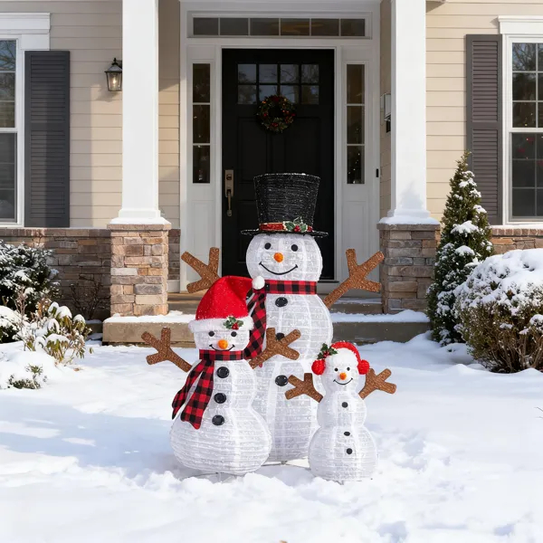 Set Of 3 Lighted Snowman Family Christmas Yard Decorations, 4FT 3FT 2FT Pre-lit Pull Up Snowman With 270 White LEDs, For Xmas Outdoor Holiday Indoor Decor Lighted Holiday Displays image 11