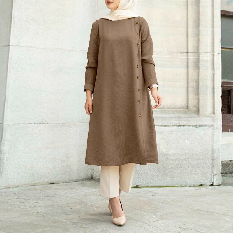 Long Sleeved Button Decoration Women's Long Sleeved Shirt Dress