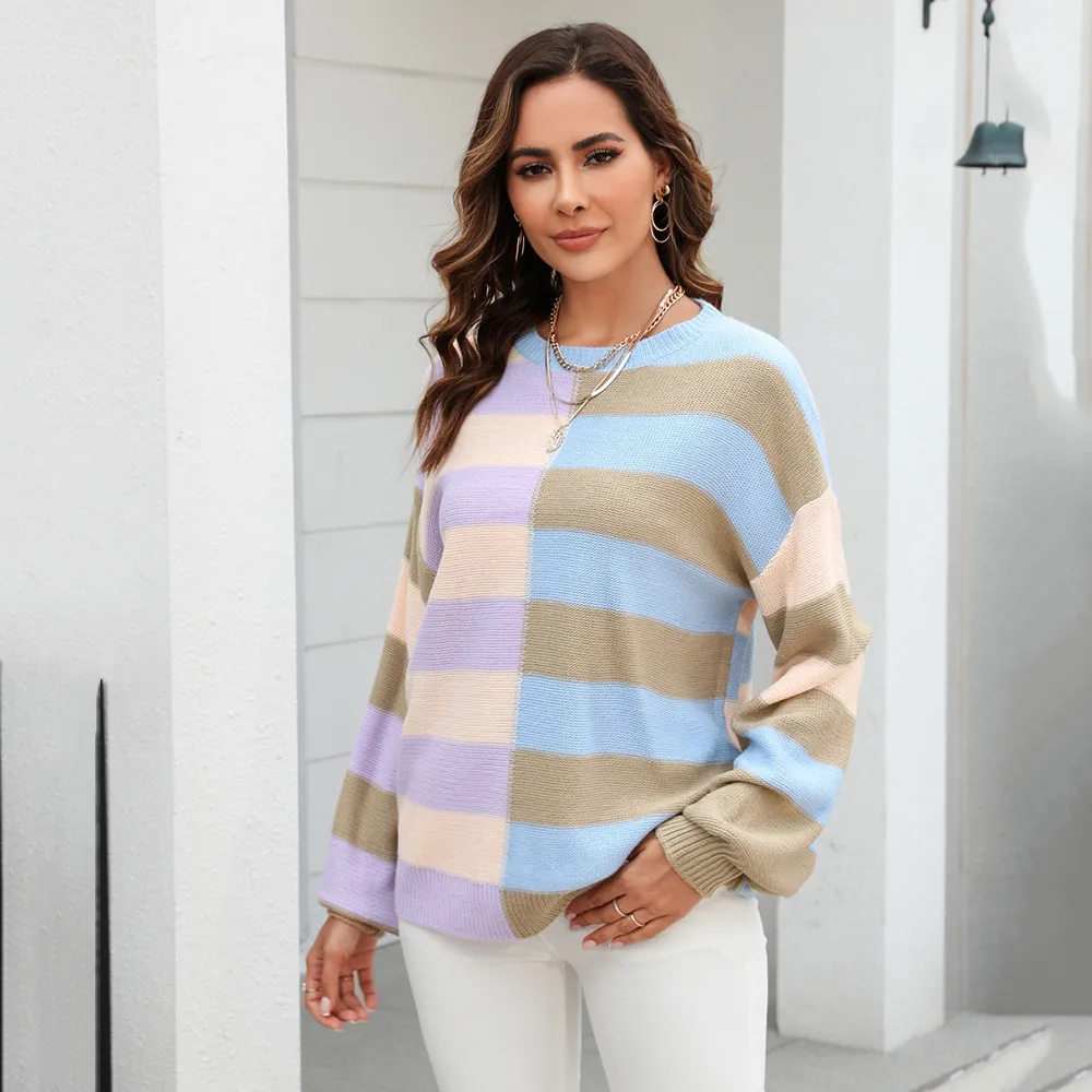 Women's Fashion Simple Stitching Striped Contrast Color Round Neck Knitwear - Khaki