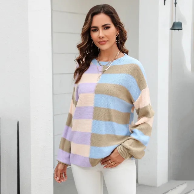 Women's Fashion Simple Stitching Striped Contrast Color Round Neck Knitwear Khaki - Shop at LoveMi