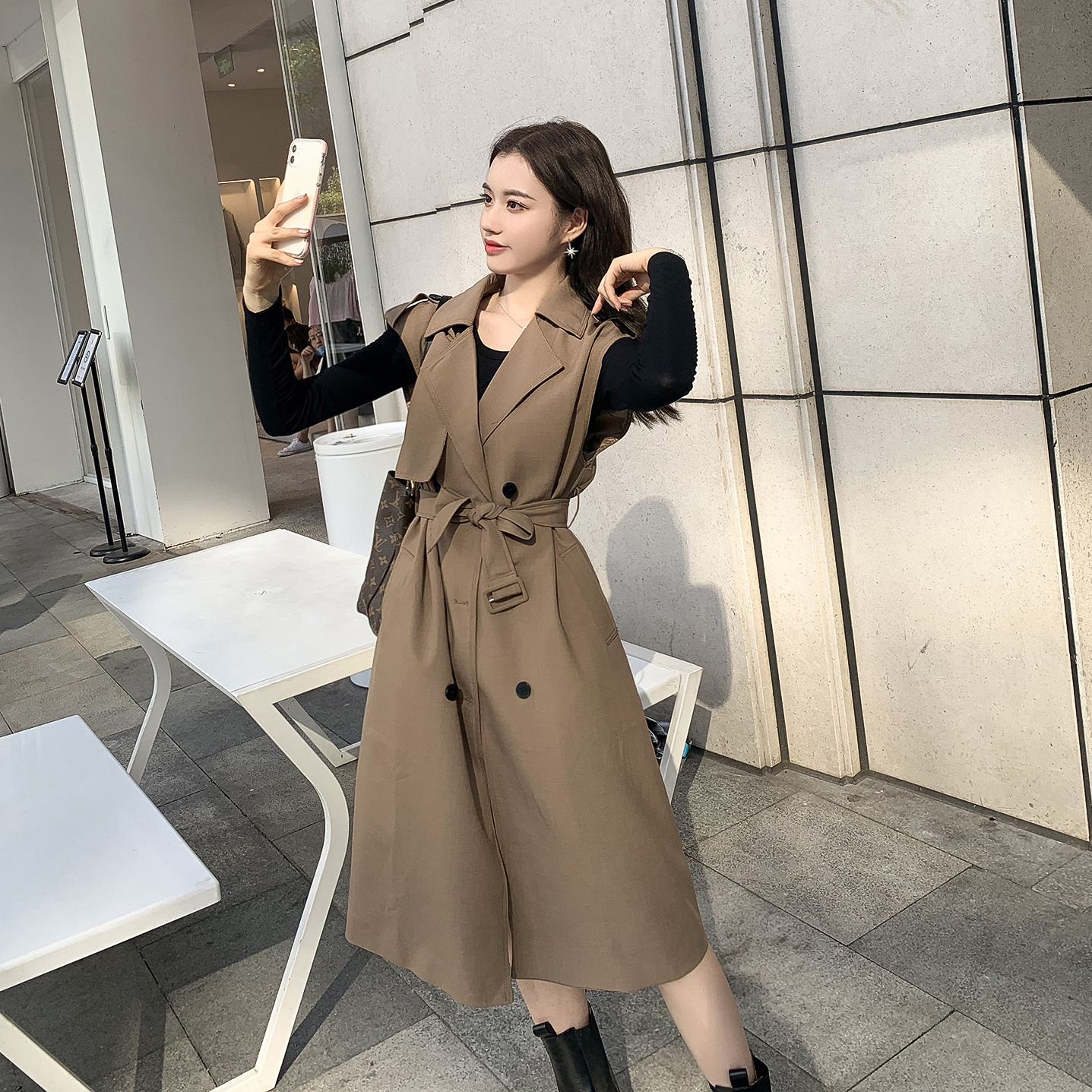 Women's Simple Bottoming Knitted Sweater Vest Trench Coat Suit