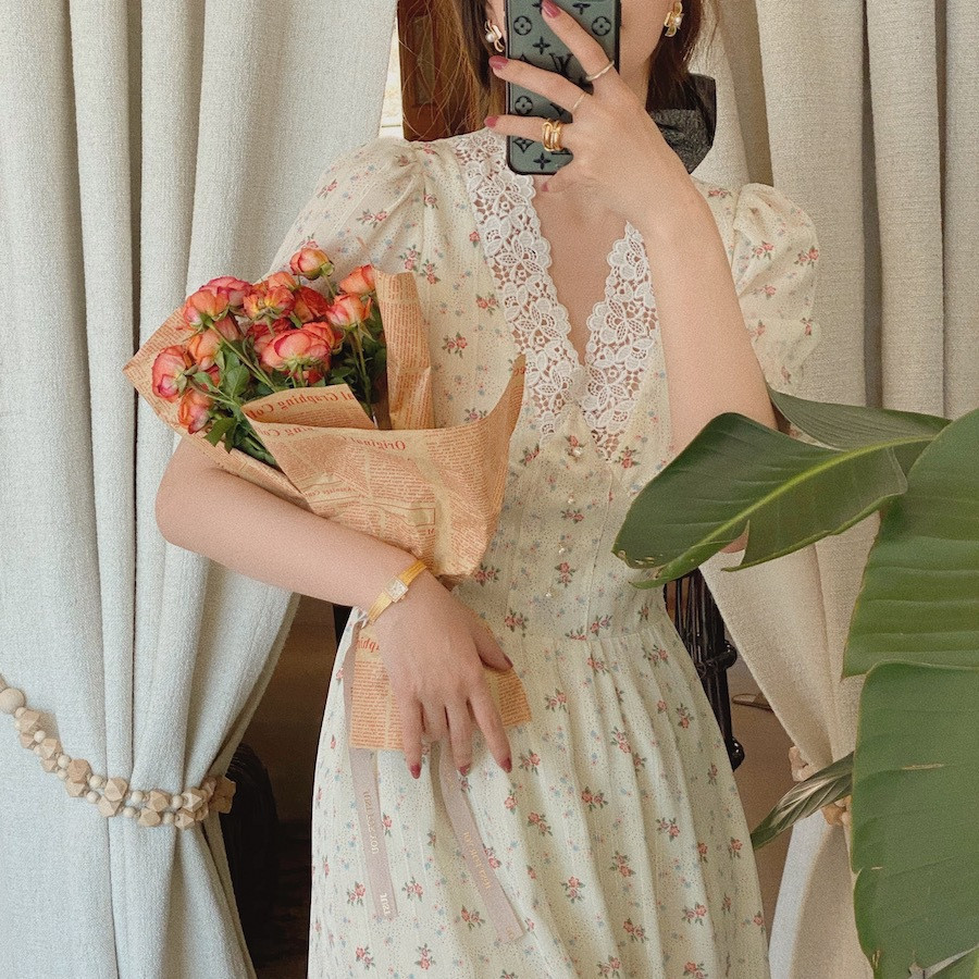 Floral Puff-Sleeve Long Dress, picture 2 of 7