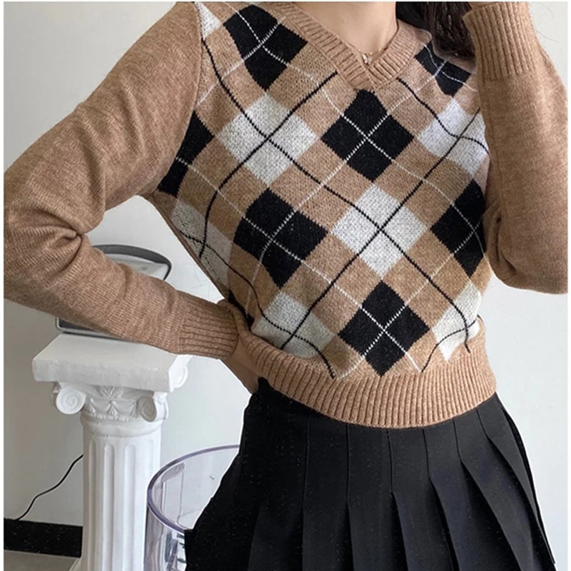 Sweater Outerwear All-match Autumn Rhombus Check Knitted Top