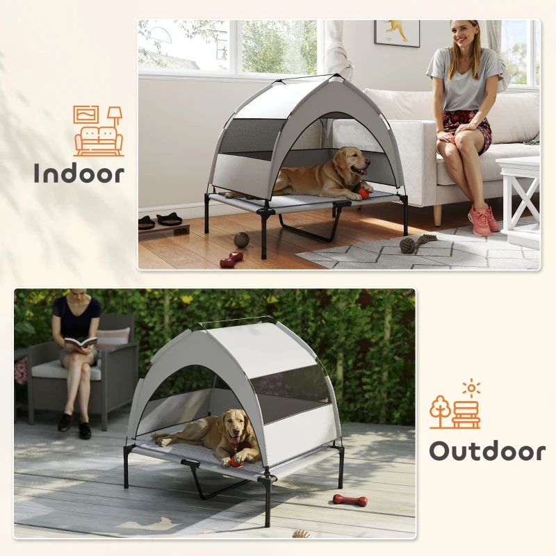 PawHut Elevated Dog Bed With Removable Canopy, Portable Outside Raised Pet Cot With Cooling Pad, Storage Bag,