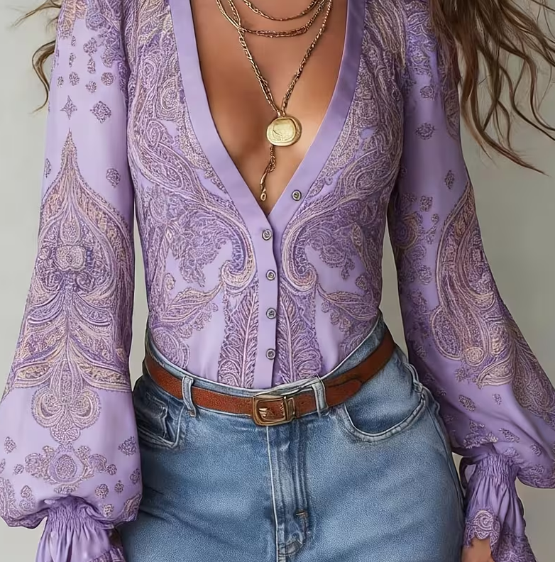 Paisley V-neck Puff Sleeve Women's Slim-fit Blouse