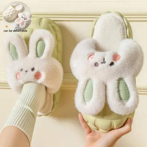 Cute Rabbit Shoes Winter Fuzzy Slippers Women Detachable Washable