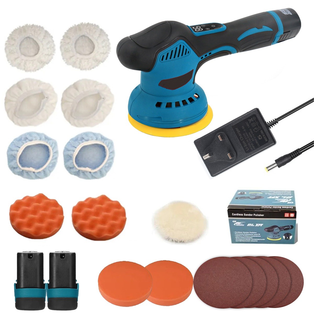 Cordless Car Polisher Buffer Sander Machine Polishing Pads Kit  2x Batteries 2