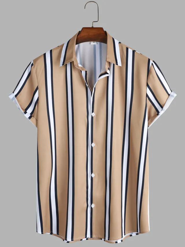 Striped Shirt Men's Casual Short Sleeves Khaki - Shop at LoveMi