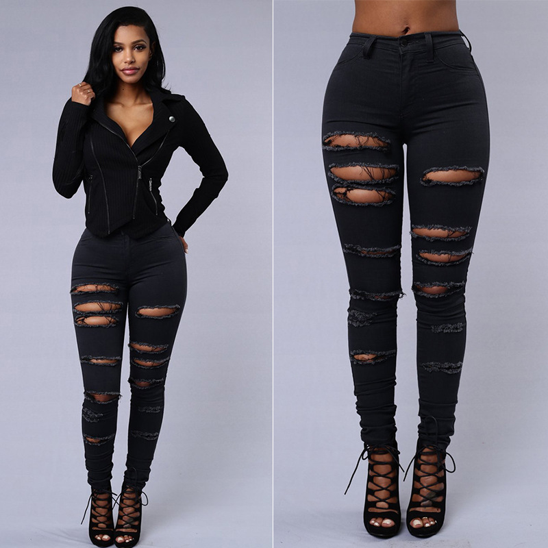 Ripped Jeans Women Skinny Trousers Casual High Waist Pencil Pants Black - Shop at LoveMi
