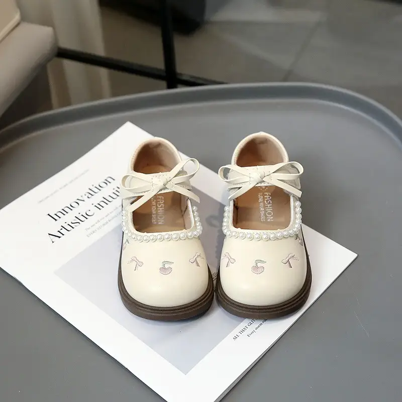 New Spring Girls Leather Shoes, Toddler Sweet Cherry & Bow Princess Shoes, Pearl Trim Soft Sole Kids Flats