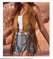 Women's Tassel Vest Sleeveless Hippie Faux Suede Tassel Jacket Cardigan - Brown