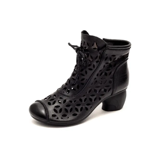 Comfortable Leather Women's Shoes Round Toe Mid Heel Chunky Heel Lace Up Sandals Black - Shop at LoveMi
