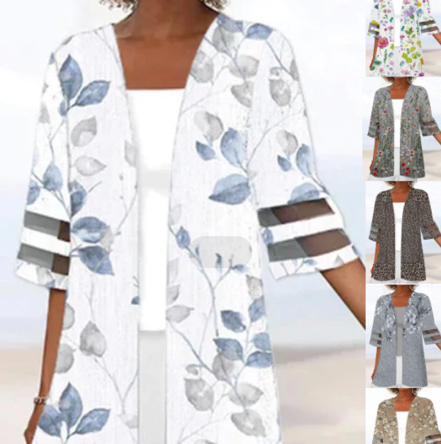 Floral Print Mid Length Sleeves Loose Small Coat